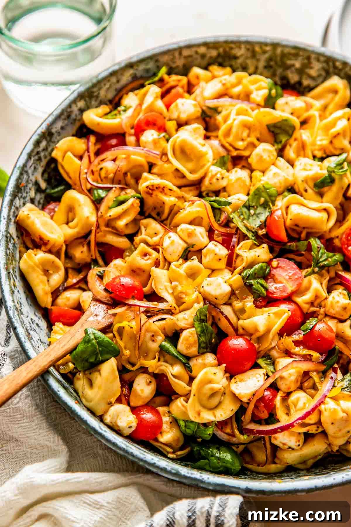 Delicious Tortellini Pasta Salad 3 A vibrant bowl of tortellini pasta salad brimming with colorful ingredients like cherry tomatoes, fresh spinach leaves, thinly sliced red onions, cubed mozzarella, and fragrant fresh herbs, served with a wooden spoon for easy mixing.