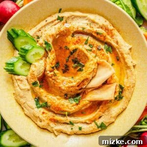 A bowl of garlic hummus garnished with olive oil, paprika, and chopped herbs, served with sliced cucumber, pita, and assorted fresh vegetables.