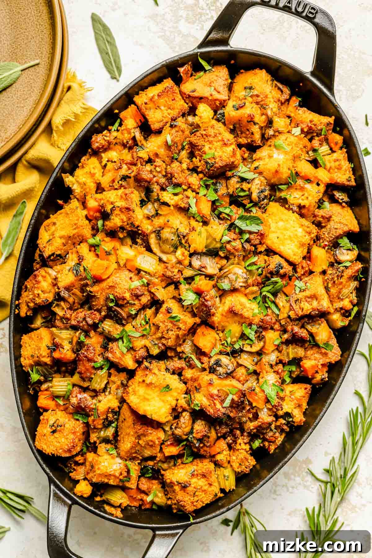 Fiery Chorizo Cornbread Bake 2 chorizo cornbread stuffing in a black oval cast iron dish next to fresh rosemary and sage