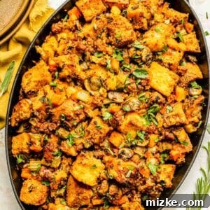 Fiery Chorizo Cornbread Bake 5 chorizo cornbread stuffing in a black oval cast iron dish next to fresh rosemary and sage