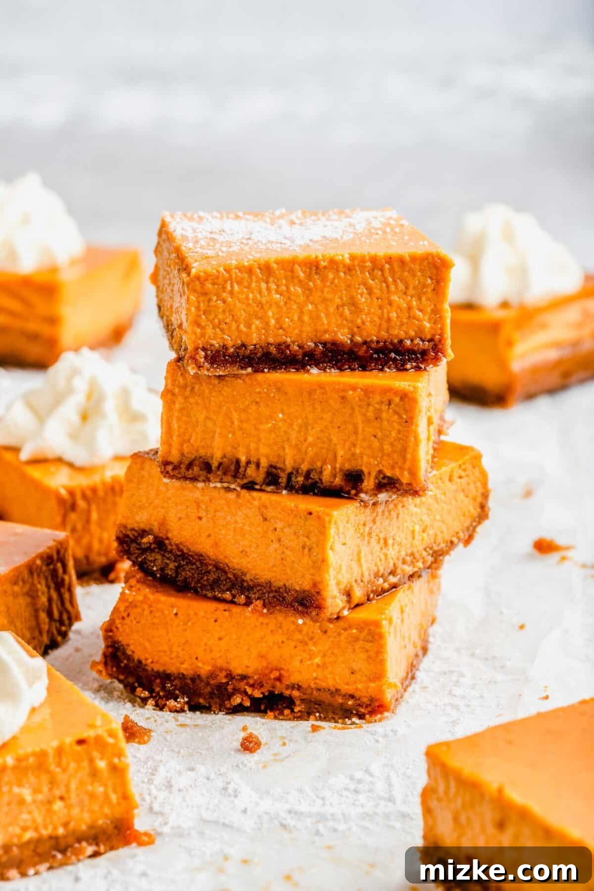 Maple pumpkin cheesecake bars, beautifully dusted with powdered sugar and garnished with whipped cream, showcasing their rich fall flavors and chewy Biscoff crust. A stack of four squars of maple pumpkin cheesecake bars on top of each other, dusted with powdered sugar, with whipped cream-topped bars in the background