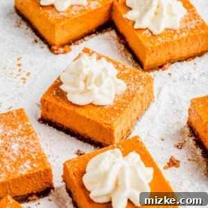 Close up of maple pumpkin cheesecake bars topped with whipped cream