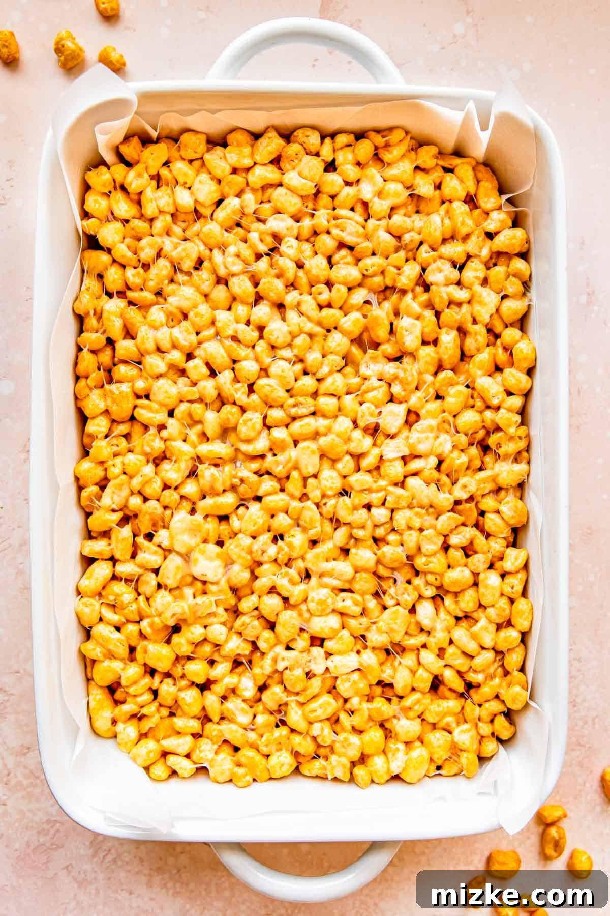 Wholesome Grain Bars 10 The cereal bar mixture has been successfully formed into a single, uniform layer within the baking dish.