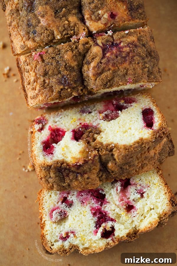 Close-up of the streusel topping and orange zest in a homemade Cranberry Orange Loaf, hinting at its delicious aroma.