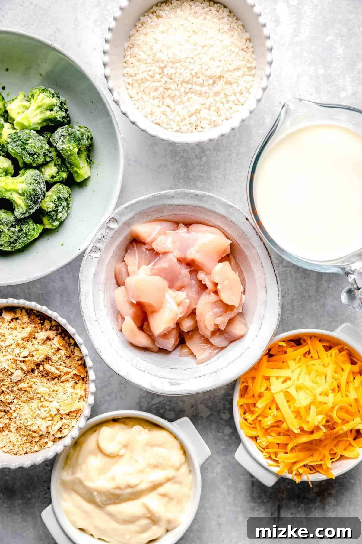 This cheesy chicken broccoli rice casserole is topped with buttery Ritz crackers and comes together so quickly. It's a perfect weeknight meal. Ingredients for chicken broccoli rice casserole.