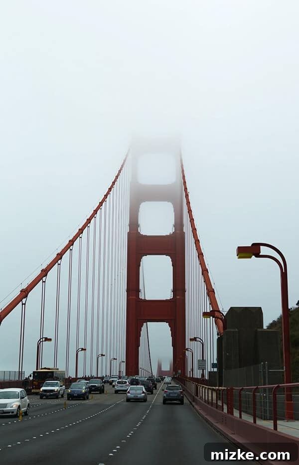 An iconic drive across the Golden Gate Bridge. Driving across the iconic Golden Gate Bridge, showcasing its grand structure.