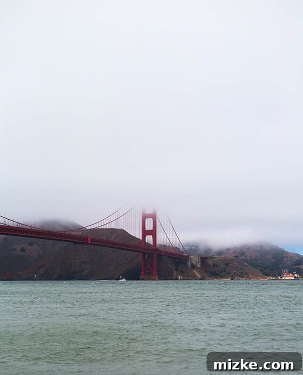 The iconic Golden Gate Bridge, often graced by San Francisco's famous fog. The Golden Gate Bridge emerging from a dense fog layer, a classic San Francisco scene.