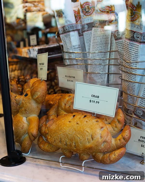 Artisan sourdough creations at Boudin Bakery. A display of freshly baked sourdough bread, including animal shapes, at Boudin Bakery.