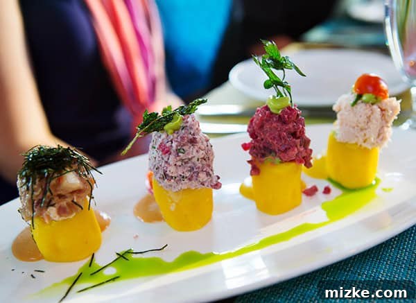 Exquisite causas tasting at La Mar Cebicheria Peruana. A tasting platter of colorful causas, Peruvian whipped potato dishes with various toppings.