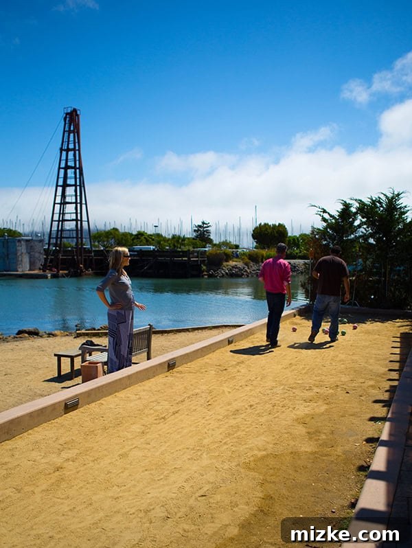 Fun and games at the bocce ball court at Bar Bocce. A bocce ball court at Bar Bocce, ready for a friendly game.