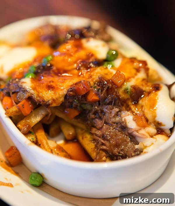 A hearty and irresistible dish from Wayfare Tavern. Close-up of the oxtail poutine, showcasing its rich ingredients.