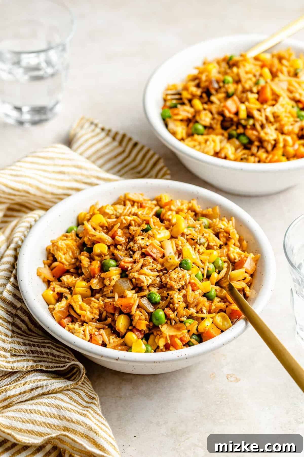 Freshly made vegetable fried rice, ready for a delightful meal. Two bowls of vegetable fried rice, beautifully plated and ready to be enjoyed, with a focus on fresh ingredients.
