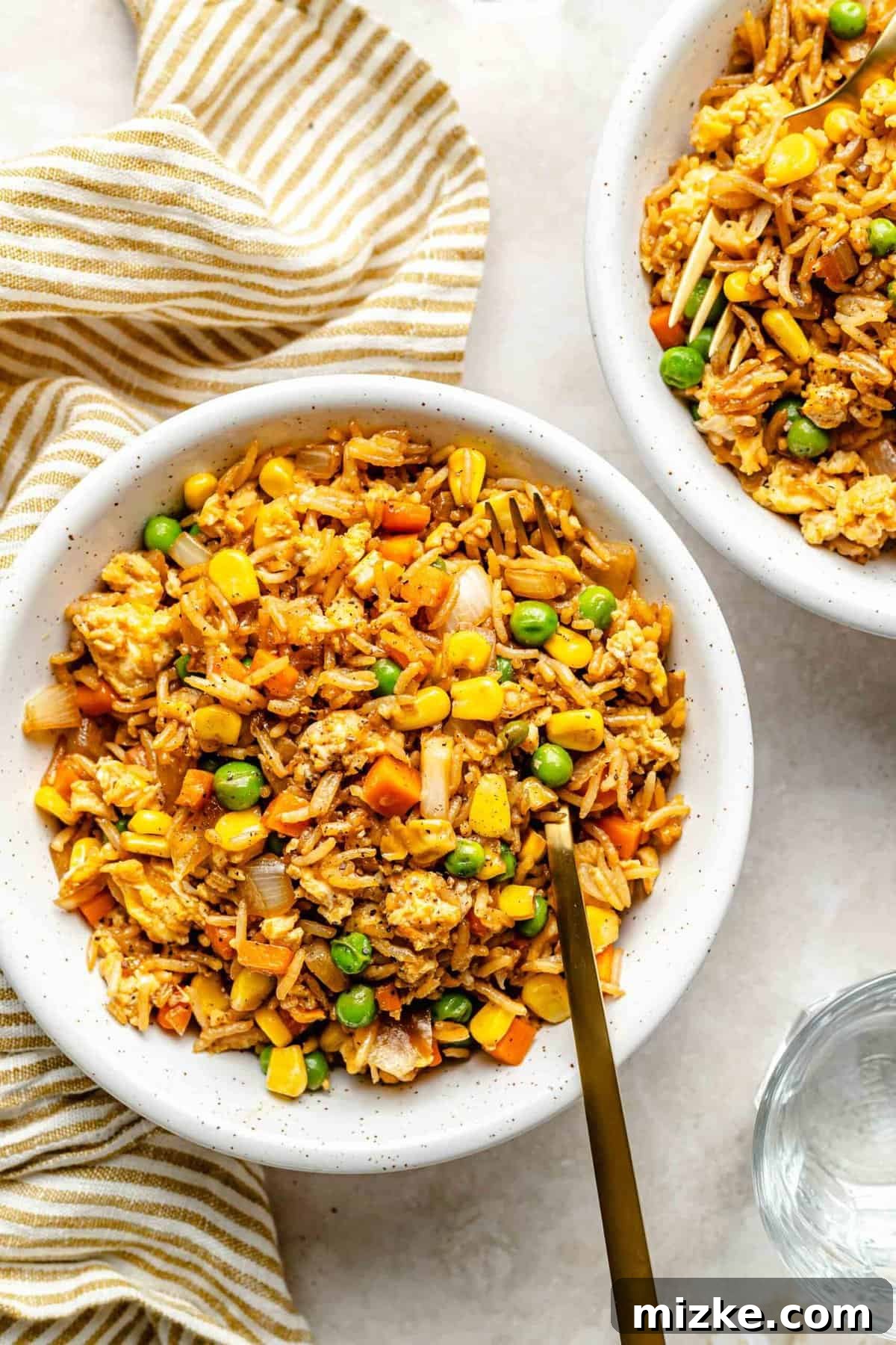 Single serving of delicious vegetable fried rice, perfect for a quick meal. A single bowl of freshly prepared vegetable fried rice, garnished and ready to be eaten, seen from an overhead perspective.