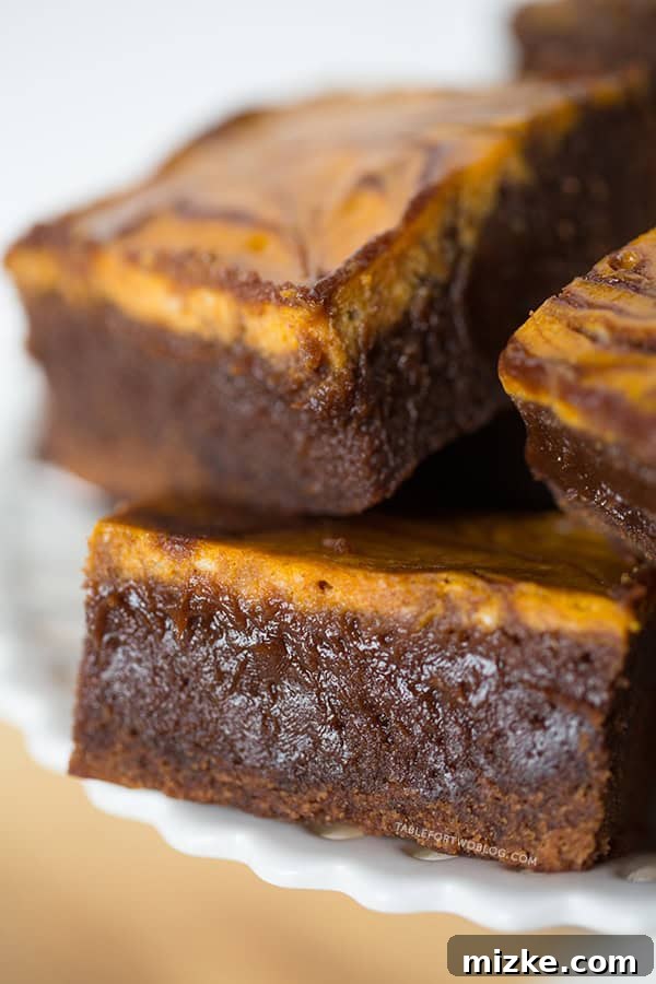 Pumpkin Cheesecake Swirl Brownies | tablefortwoblog.com Close-up of the moist interior of Pumpkin Cheesecake Swirl Brownies