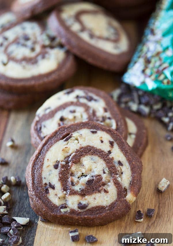 Chocolate Mint Pinwheel Cookies: A Holiday Delight Beautifully swirled Chocolate Mint Pinwheel Cookies, perfect for holiday celebrations.