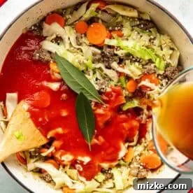 A pot of soup with ground beef, cabbage, carrots, tomato sauce, bay leaves, and broth being poured in, with a wooden spoon in the pot.