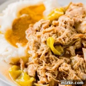 20 Quick Chicken Dinners for Busy Weeknight Meals 18 mississippi chicken with pepperoncinis on a plate with mashed potatoes and gravy next to the chicken