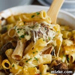 Creamy Swedish meatball pasta bake