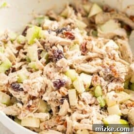 cranberry pecan chicken salad in a large white bowl