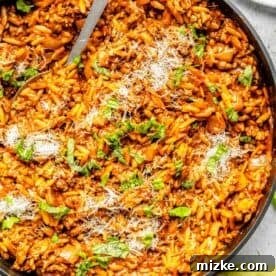 ground beef and orzo in a large nonstick skillet garnished with fresh basil leaves and grated parmesan cheese with a metal spoon