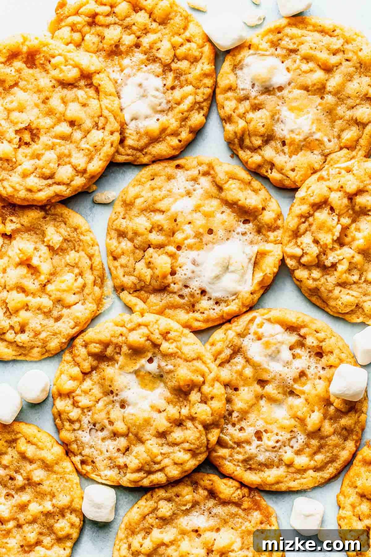 Crispy Marshmallow Cookies with Gooey Centers 3 Golden cookies with crispy edges and melty marshmallows, arranged closely together with a few mini marshmallows scattered around.